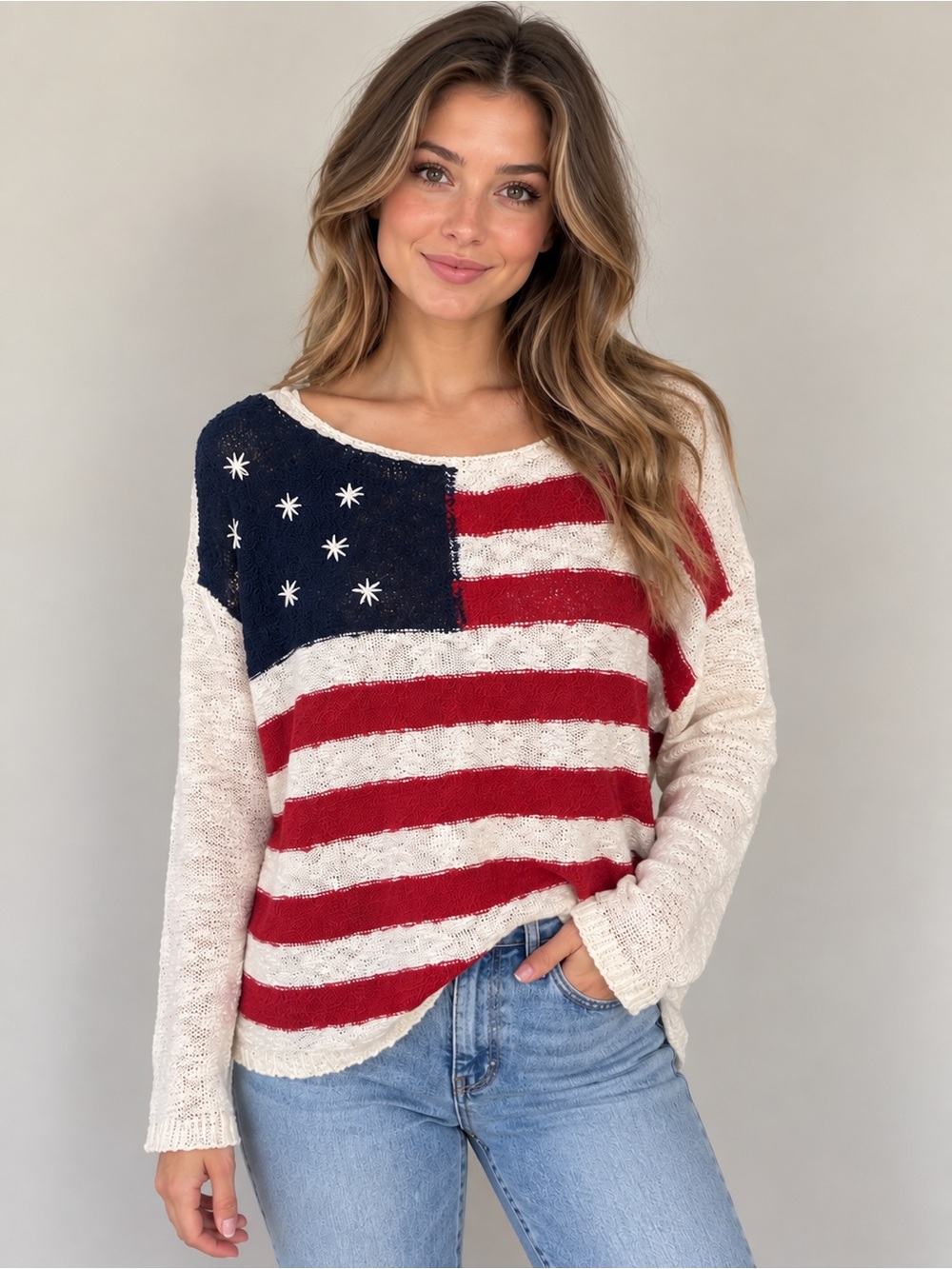 Lucky Brand Women's Flag Stripe Crewneck Sweater - Red, White & Blue NWT Size XL